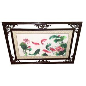 Vintage Asian Framed Art Landscape Carved Wood Frame 32.75x21 Goldfish Fish Luck